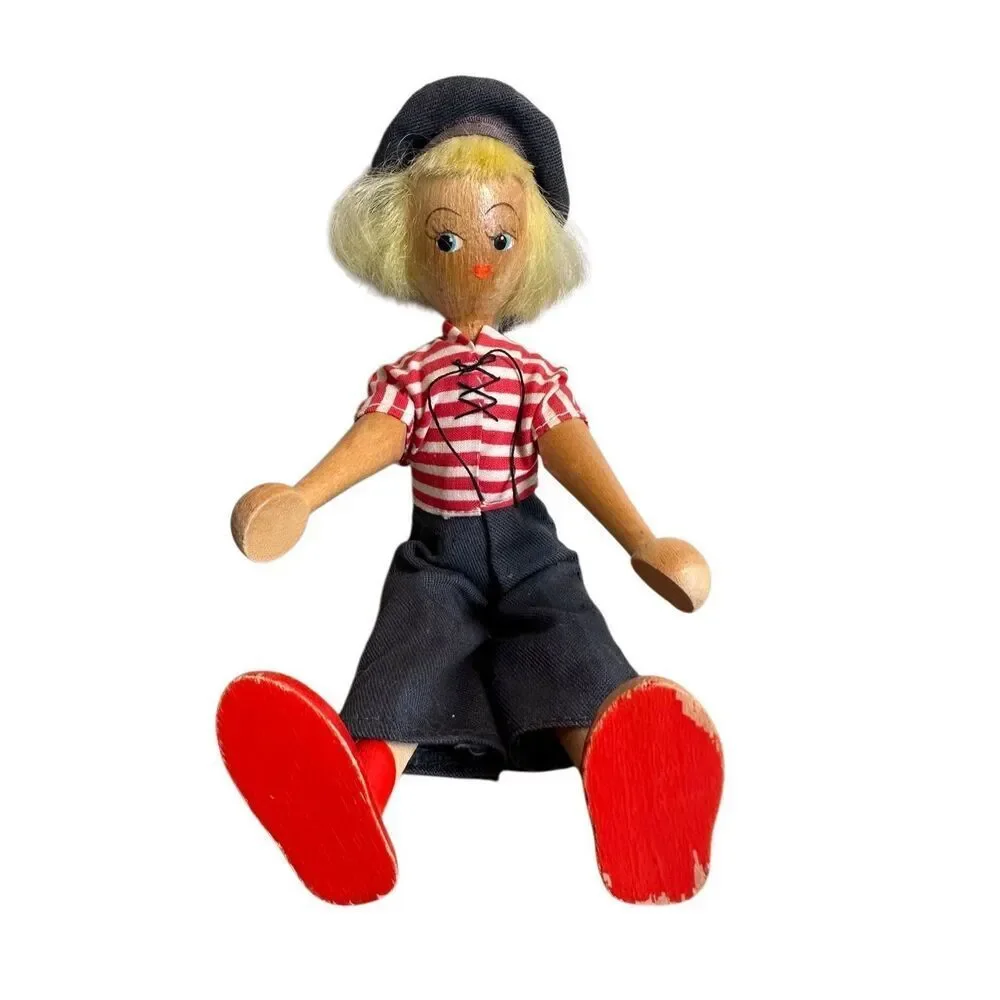 Polish Wooden Peg Doll Vintage 1940-1950’s Sailor Theme 7” tall
